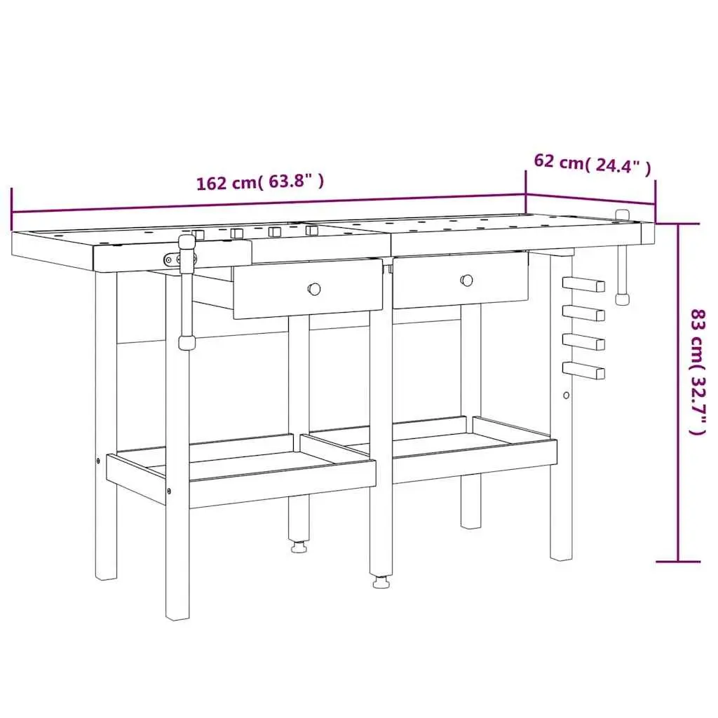 Solid Wood Workbench with Dual Vices 162x62x83cm Brown