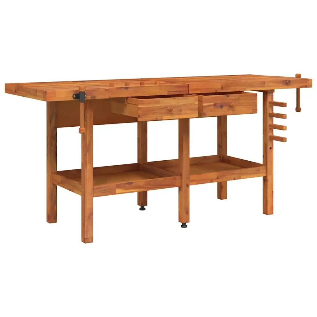 Solid Wood Workbench Storage Shelf Dual Vice 192x62x83cm Brown