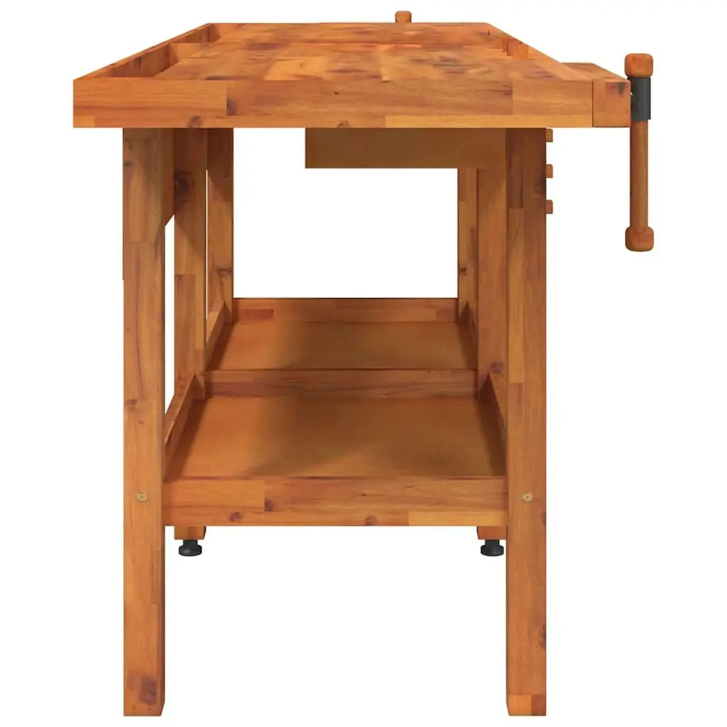 Solid Wood Workbench Storage Shelf Dual Vice 192x62x83cm Brown
