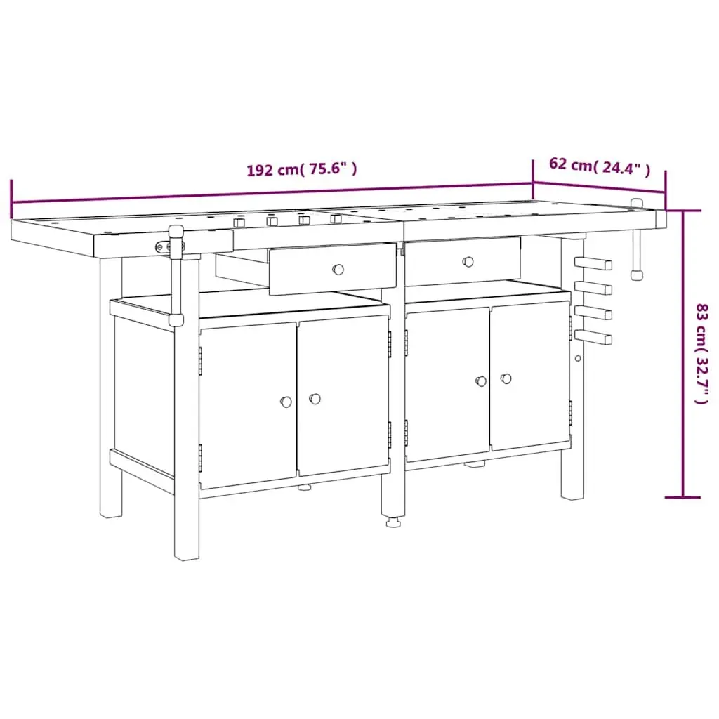 Workbench with Drawers and Vices Solid Wood Acacia 192x62x83 cm Brown