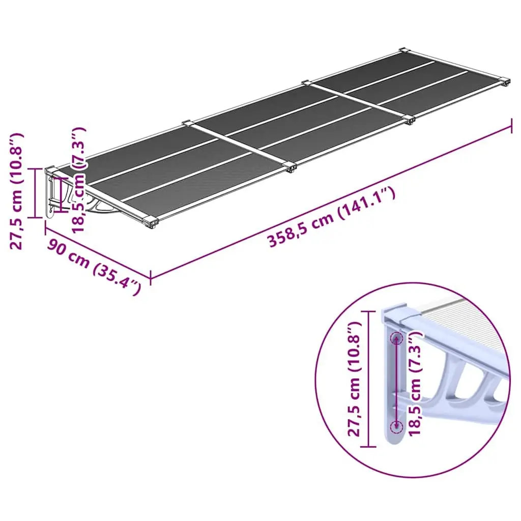 Door Canopy Polycarbonate Grey Transparent 358.5x90cm Awning Shelter