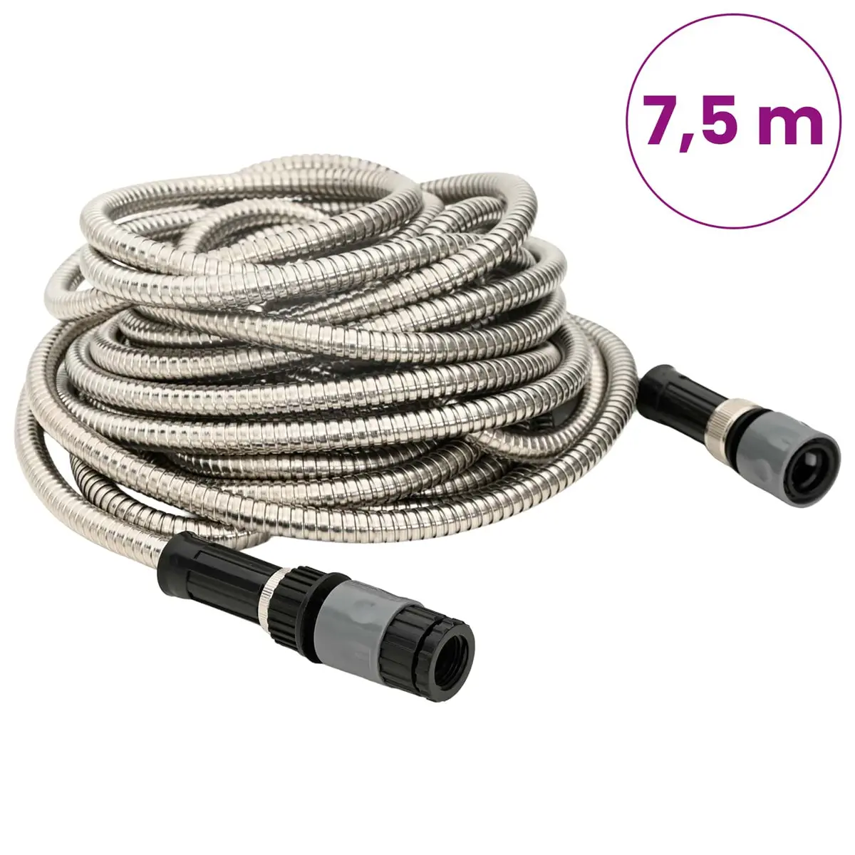 Garden Hose 7.5m Stainless Steel Spray Nozzle 8-Function Watering Irrigation Silver