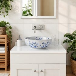 Ceramic Countertop Basin Round White Blue Bathroom Sink Vessel Bowl 41cm