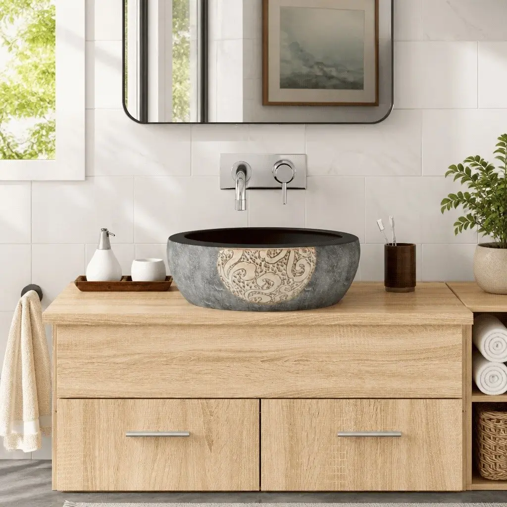 Ceramic Countertop Basin Round Black Bathroom Sink 41cm Vessel Washroom