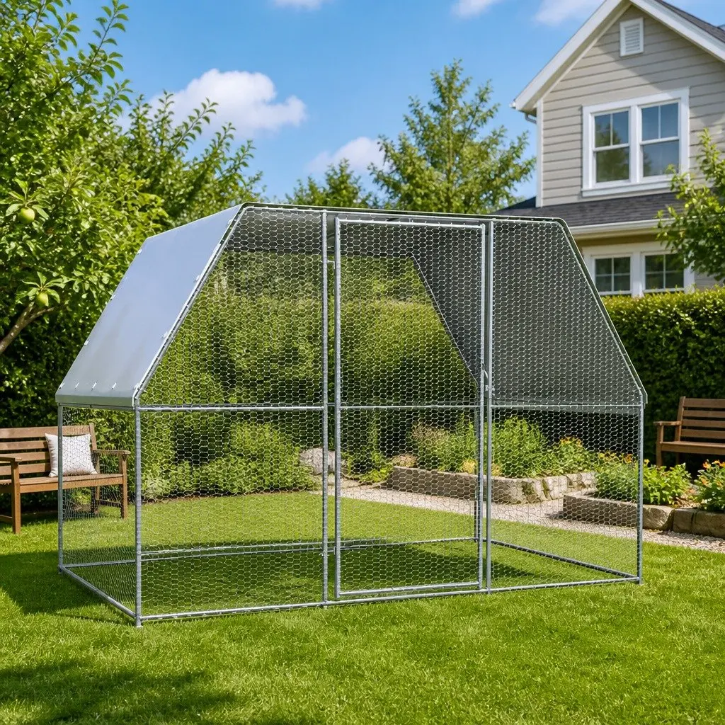 Chicken Cage Outdoor Enclosure 3x2x2m Galvanised Steel Coop Poultry Run Silver Grey