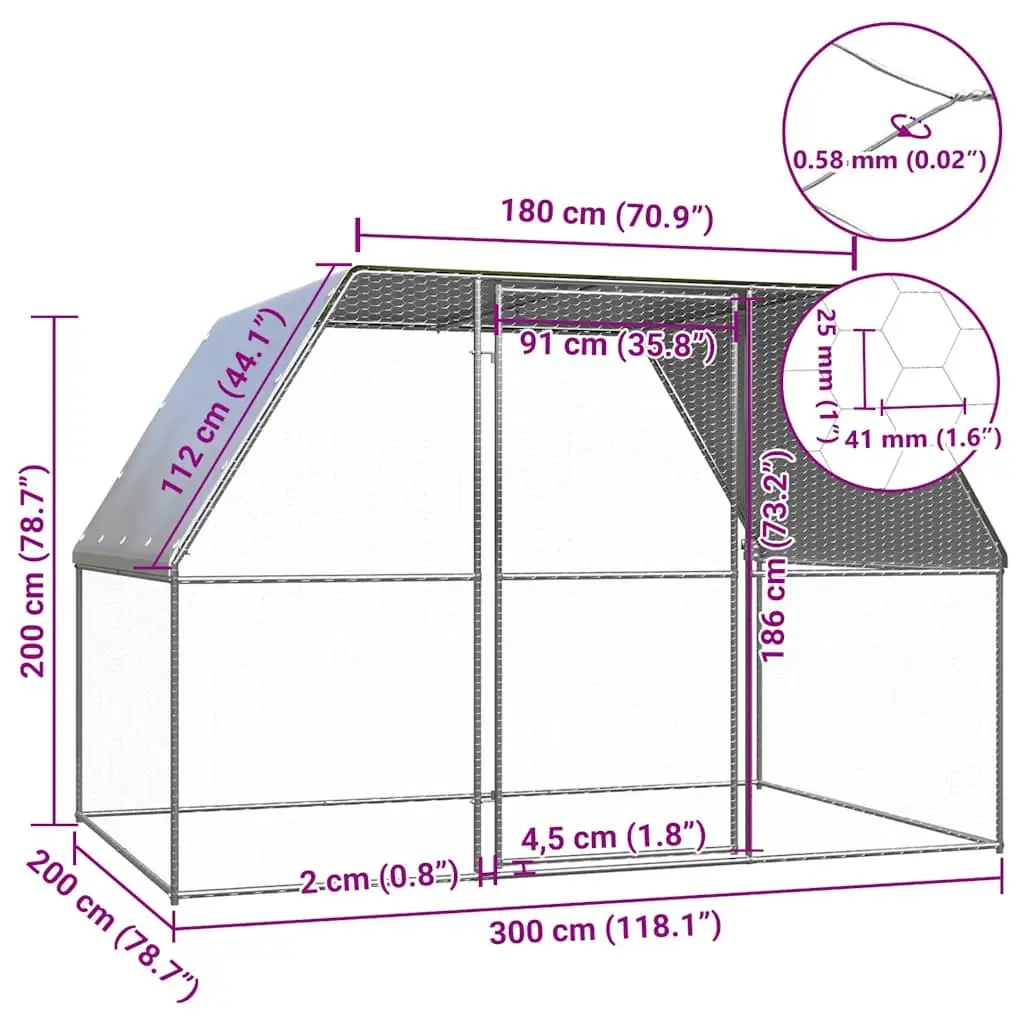 Chicken Cage Outdoor Enclosure 3x2x2m Galvanised Steel Coop Poultry Run Silver Grey