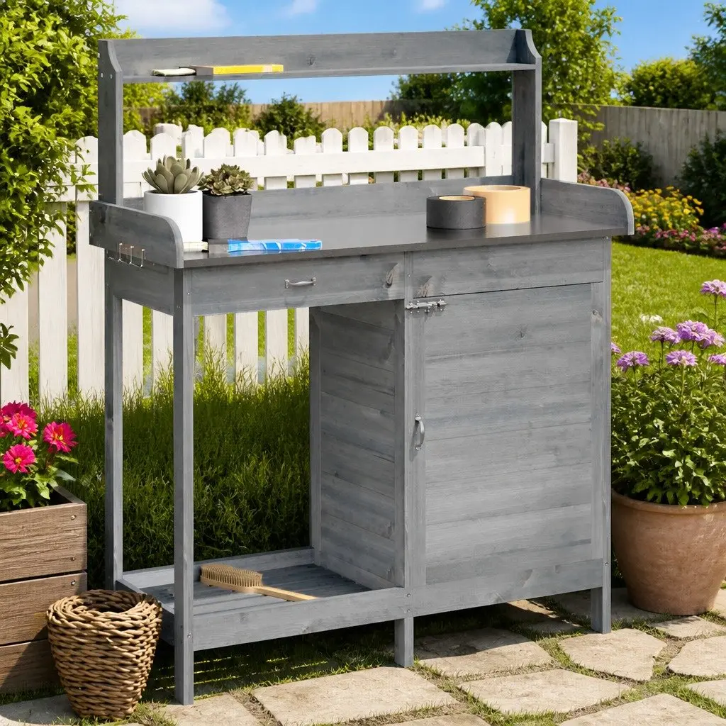 Potting Table Grey Solid Fir Wood 110.5x45x124.5 cm Garden Storage Workbench