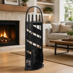 Fireplace Tool Set 5 Piece Steel Black Poker Brush Shovel Rack Stand Home