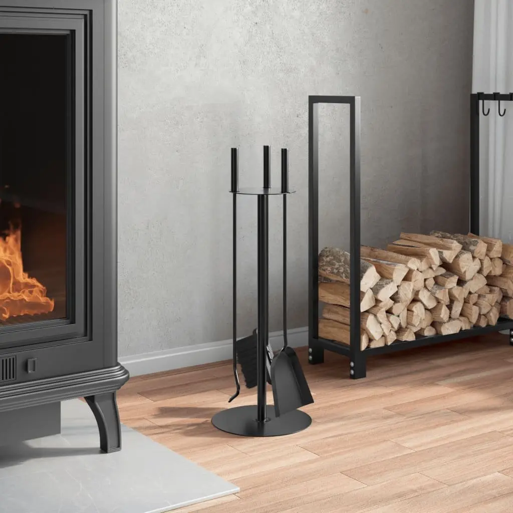 Fireplace Tool Set 4 Piece Steel Ash Cleaning Rack Broom Shovel Poker Black
