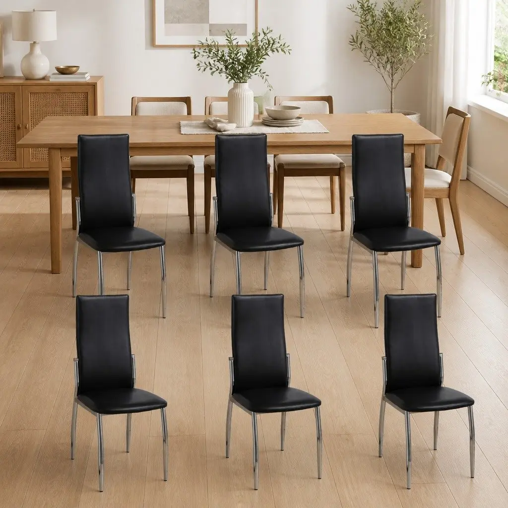 Dining Chairs High Backrest Set 6 Piece Black Modern Kitchen Faux Leather