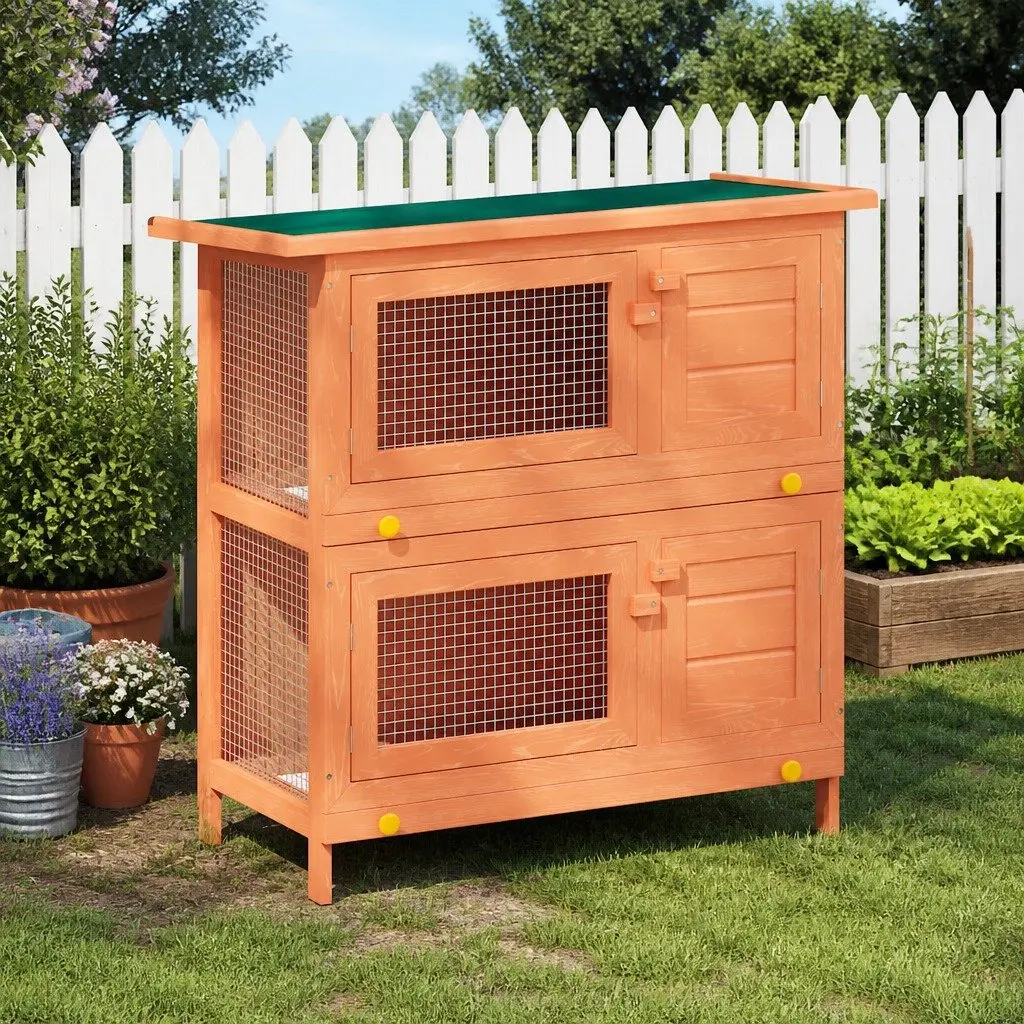 Rabbit Hutch Small Animal House Wooden Enclosure Two Tier Brown