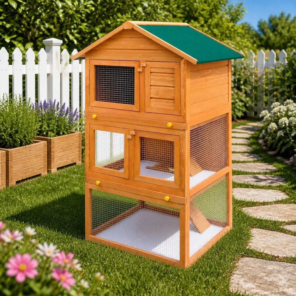 Rabbit Hutch 3 Layer Small Animal Cage Wood Outdoor Enclosure Brown