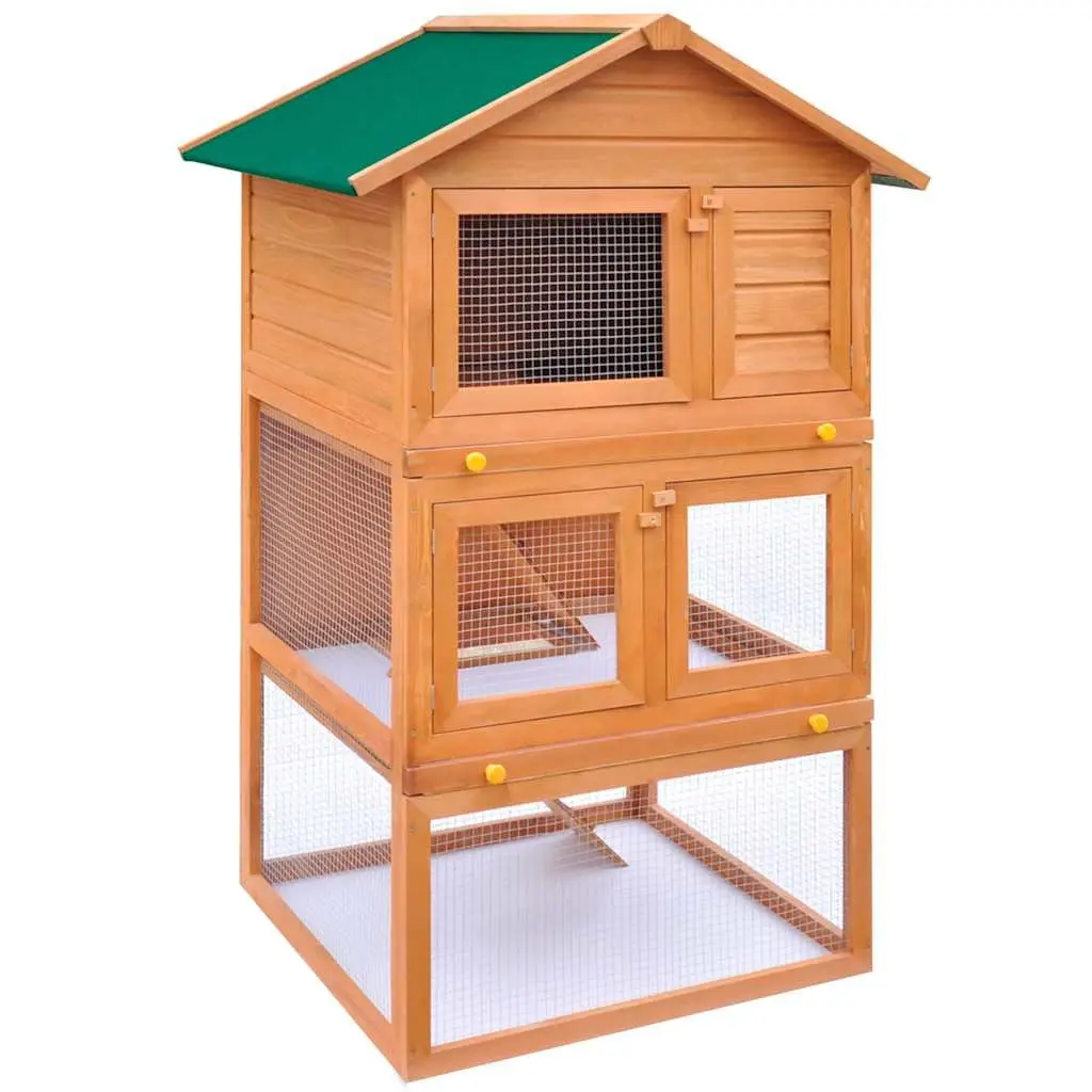 Rabbit Hutch 3 Layer Small Animal Cage Wood Outdoor Enclosure Brown