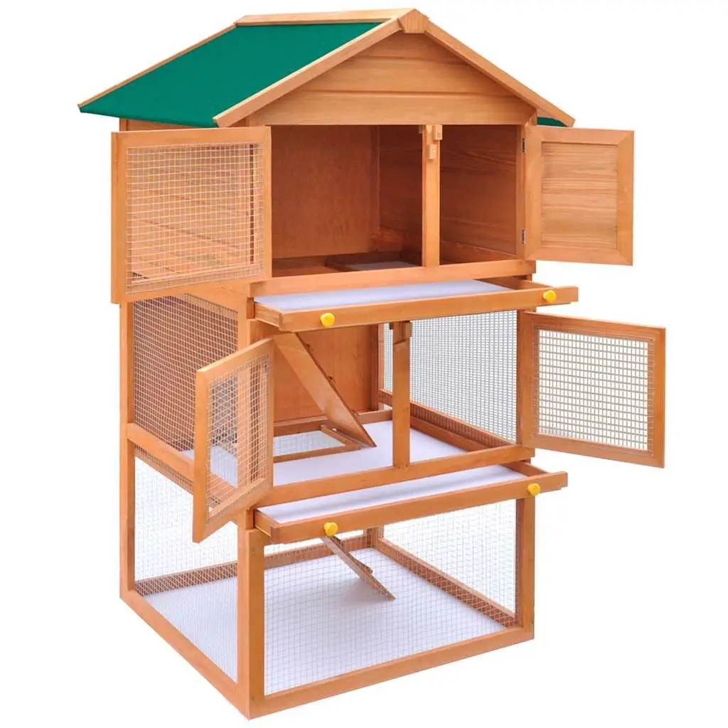 Rabbit Hutch 3 Layer Small Animal Cage Wood Outdoor Enclosure Brown