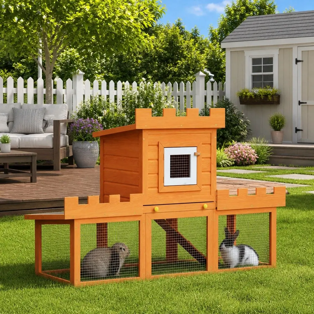 Outdoor Rabbit Hutch Large 2 Layer Cage House Small Animal Enclosure Brown Pine Wood