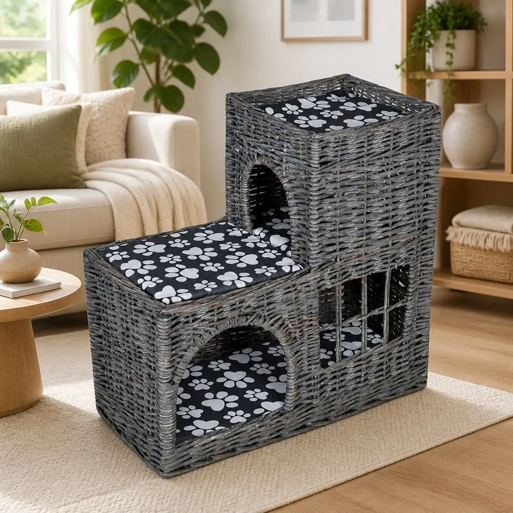 Cat Tree Willow Woven Pet House Bed Castle Scratching Post Cushion Grey