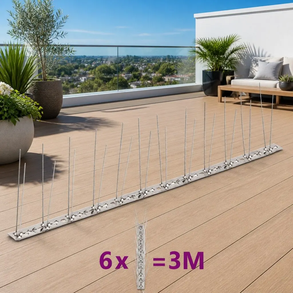 Bird Spikes Deterrent Strips 3m Stainless Steel 2-Row Silver Set of 6