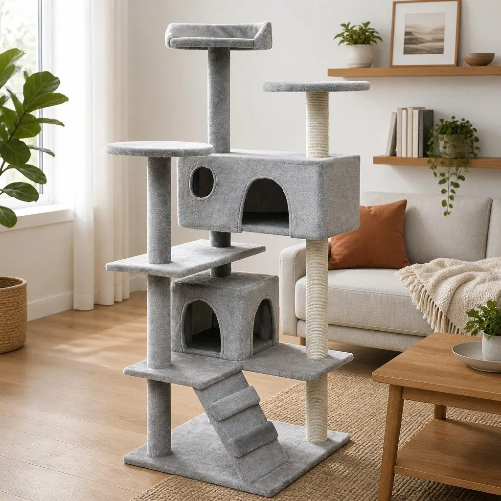 Multi-Level Cat Tree Play Centre 125cm Grey Plush Material Sisal Scratching Posts