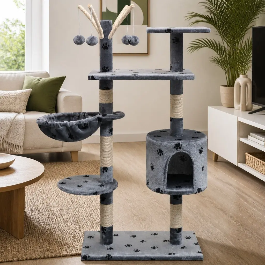 Cat Tree Multi-Level Play 125cm Grey Paw Prints