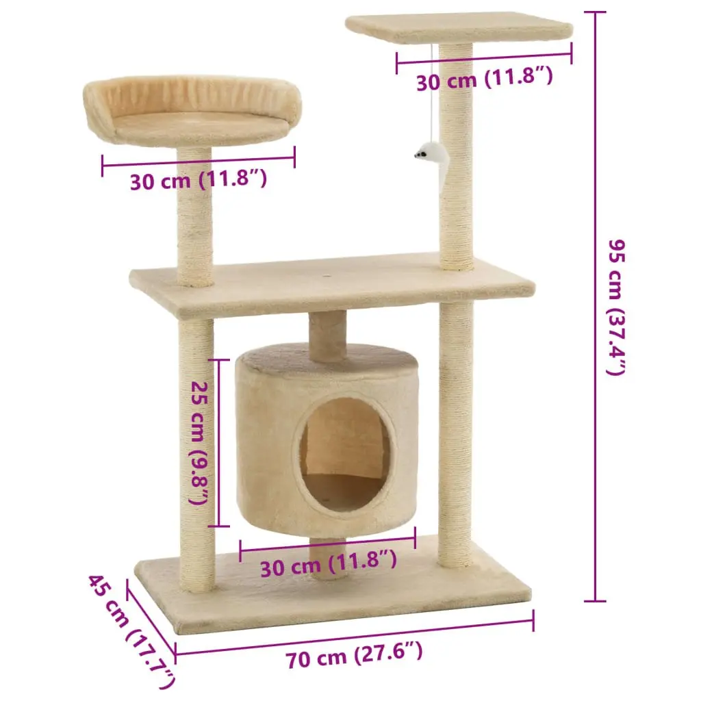 Cat Tree Multi-Level Play Centre 95cm Beige Sisal Scratching Posts House Perch