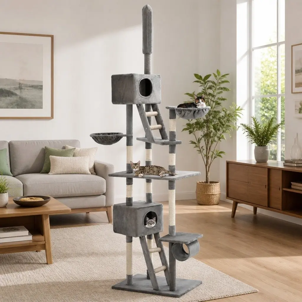 Multi-Level Scratching Post Tower for Cats Grey 230-260cm Cat Furniture