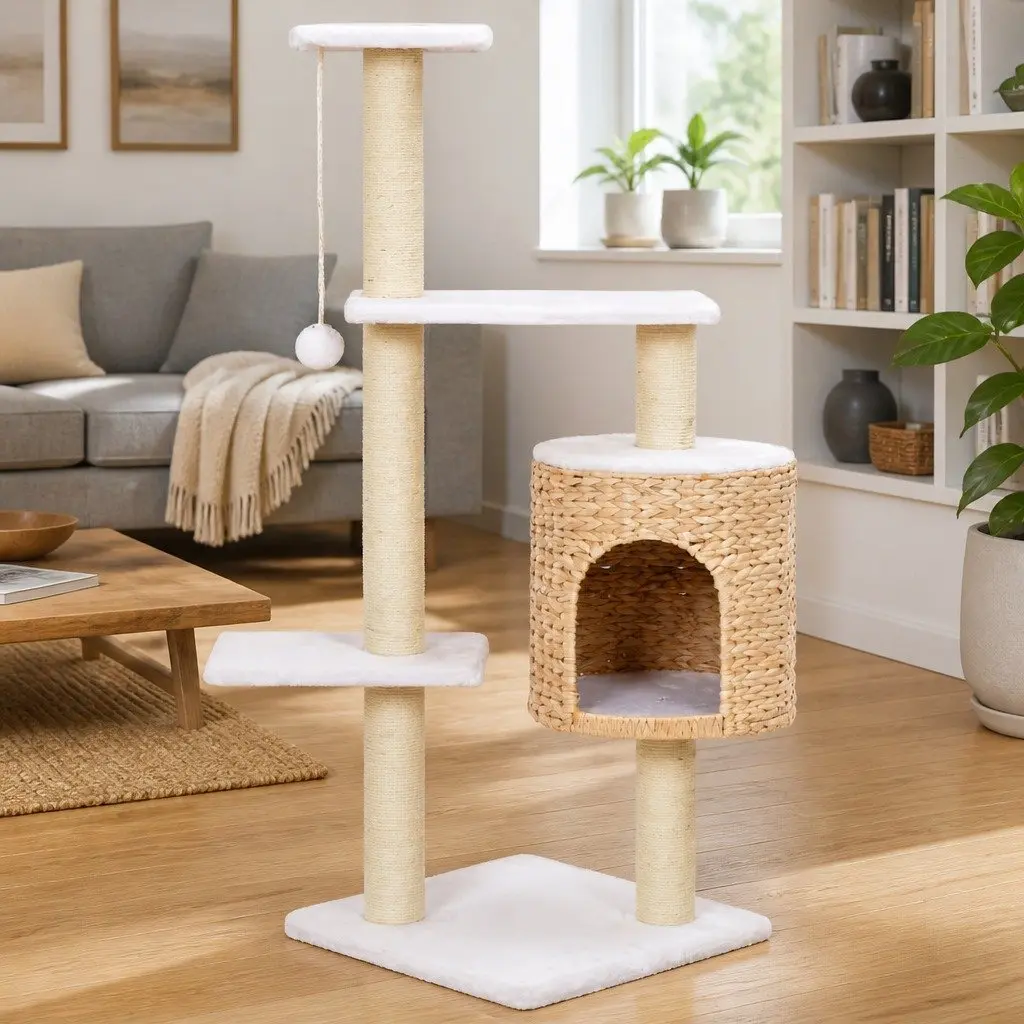 Cat Tree Scratching Post Compact Brown Sisal Rope Perch Climb House Platform