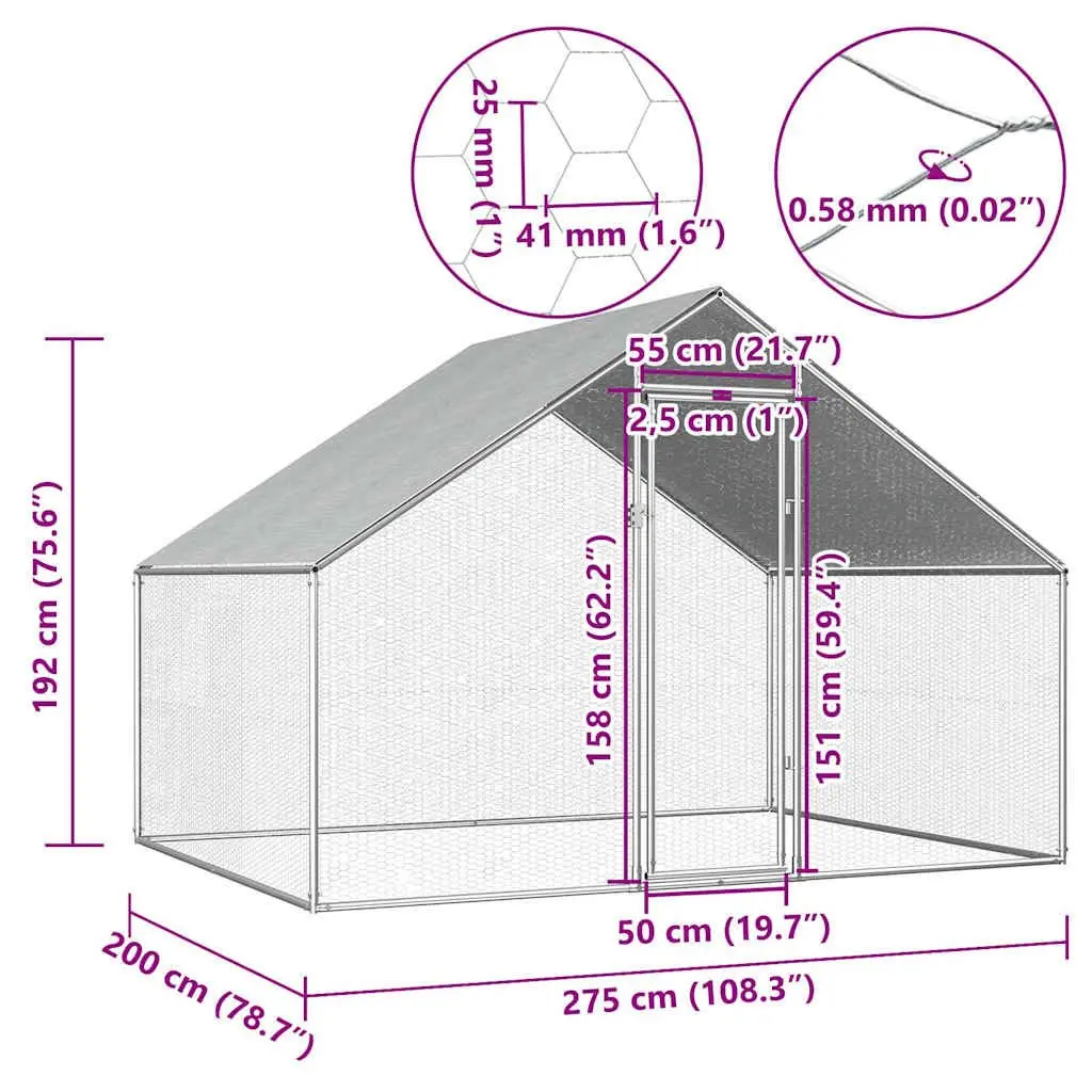 Galvanised Steel Outdoor Run Enclosure 2.75m x 2m x 1.92m for Chickens and Small Animals Silver