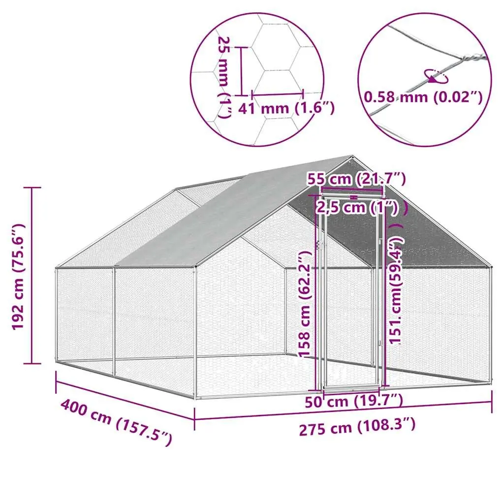 Outdoor Chicken Cage Spacious Enclosure 2.75x4x1.92 m Galvanised Steel Silver