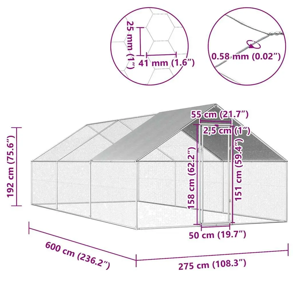 Outdoor Chicken Cage Galvanised Steel Run Coop Aviary Enclosure 2.75x6x1.92m Silver
