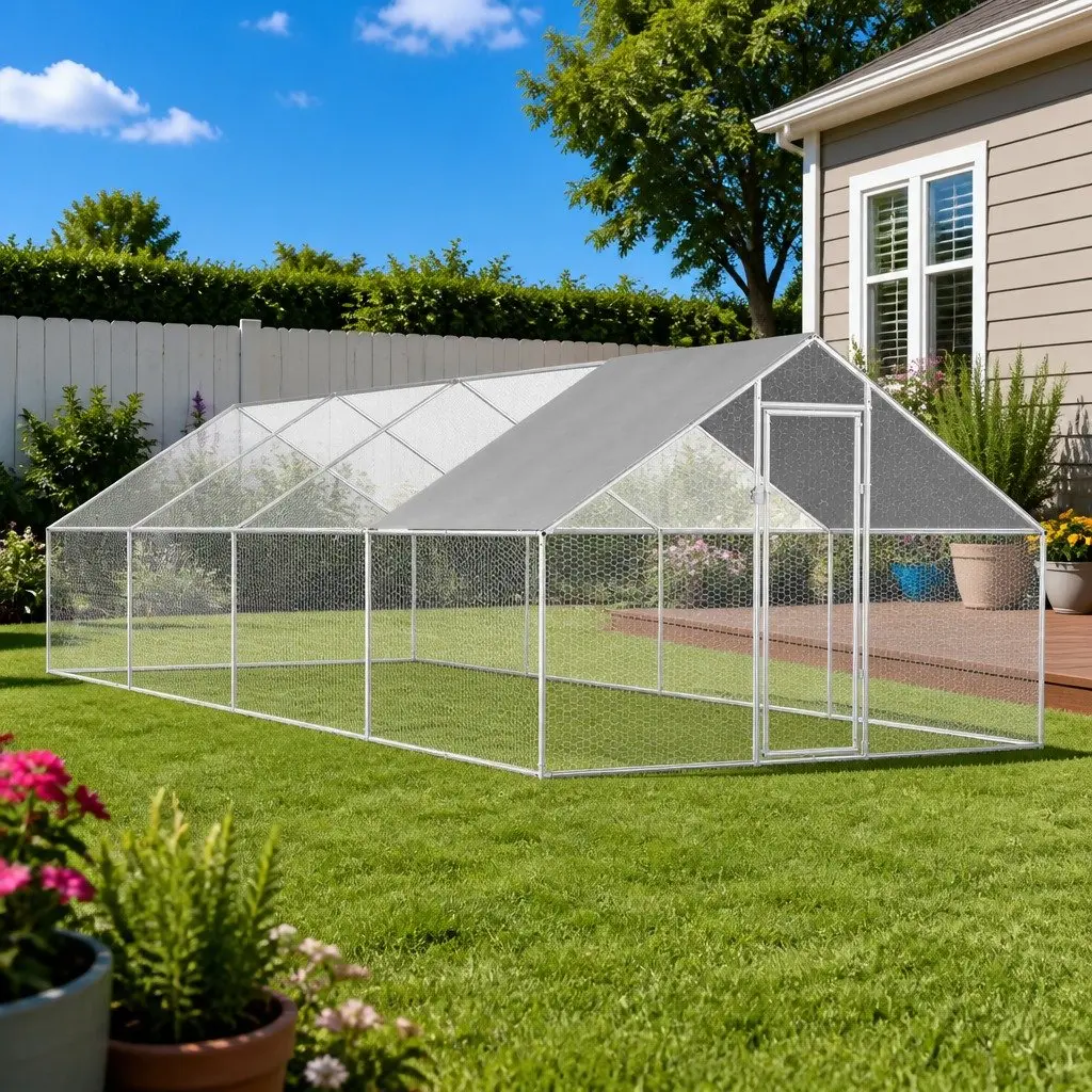 Outdoor Chicken Cage Galvanised Steel Large Enclosure Run Aviary Silver 2.75 x 8 x 1.92 m