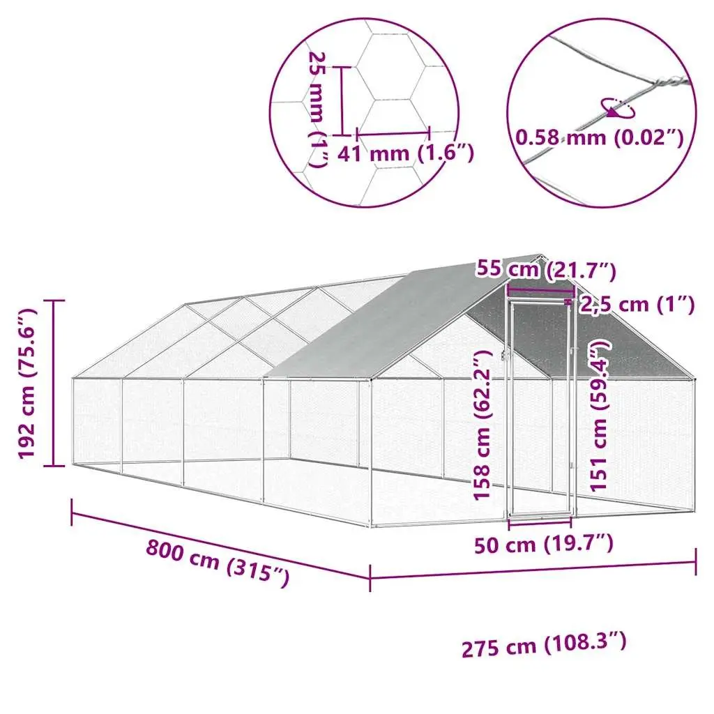 Outdoor Chicken Cage Galvanised Steel Large Enclosure Run Aviary Silver 2.75 x 8 x 1.92 m