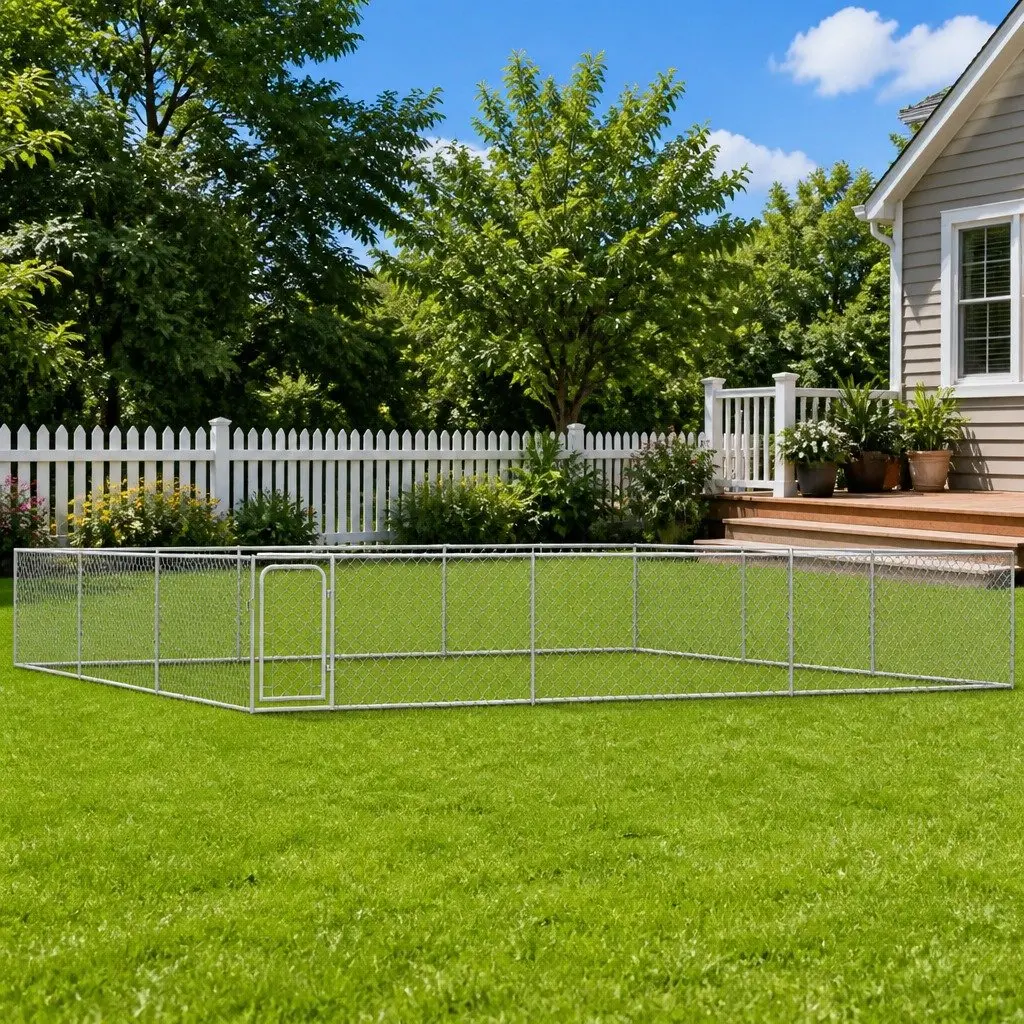 Dog Kennel Playpen Run Outdoor 6x6x1m Silver Chain-Link Mesh Lockable Door