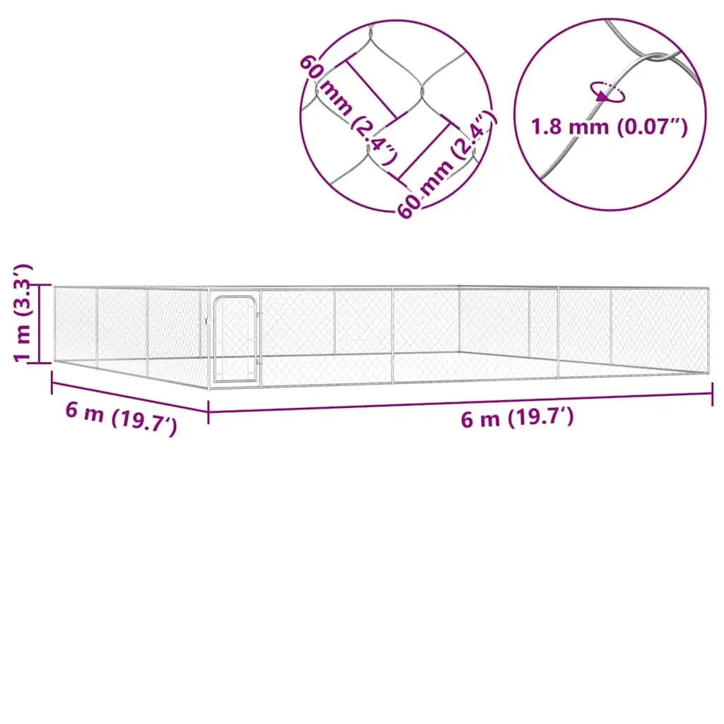 Dog Kennel Playpen Run Outdoor 6x6x1m Silver Chain-Link Mesh Lockable Door