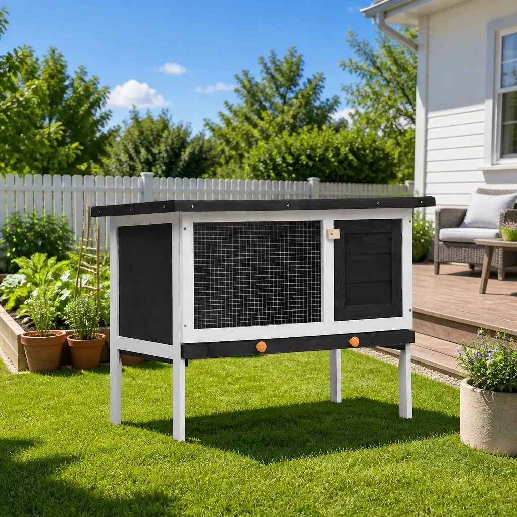 Outdoor Rabbit Hutch Small Animal Cage Enclosure Exercise Single Layer Grey Wood