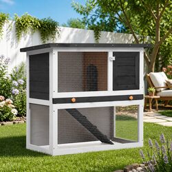 Rabbit Hutch Outdoor Small Animal Cage Wood Grey Enclosure Run Exercise Shelter