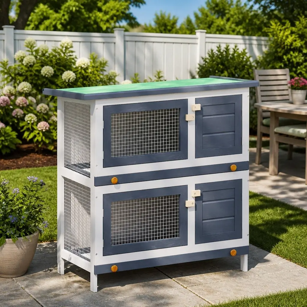 Rabbit Hutch Outdoor Small Animal Cage 2 Layer 4 Doors Grey