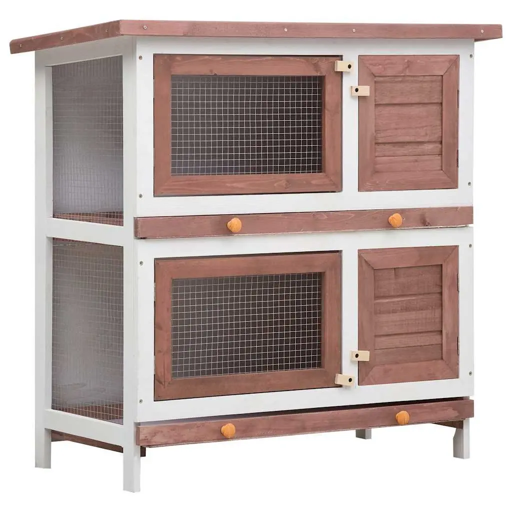 Rabbit Hutch Outdoor Pet Cage 2 Layers 4 Doors Brown