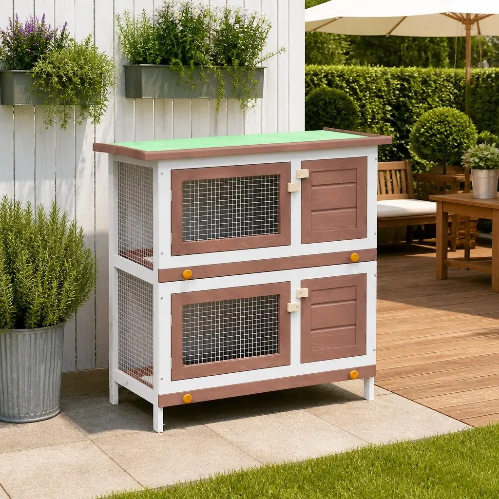 Outdoor Rabbit Hutch 2 Layer Small Animal Cage 4 Doors Red Wood