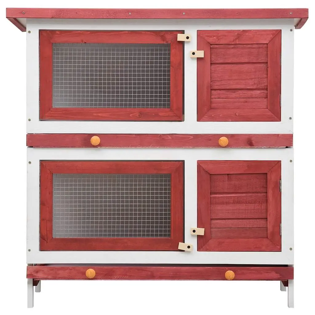 Outdoor Rabbit Hutch 2 Layer Small Animal Cage 4 Doors Red Wood