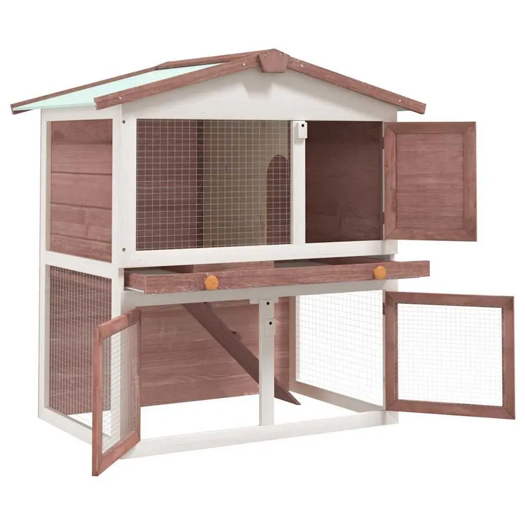 Rabbit Hutch Outdoor 2 Layer Brown Wood 3 Doors Small Animal Cage Exercise