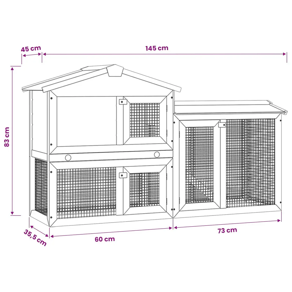 Large Wooden Rabbit Hutch 2-Layer Pet House 145x45x84cm Grey White