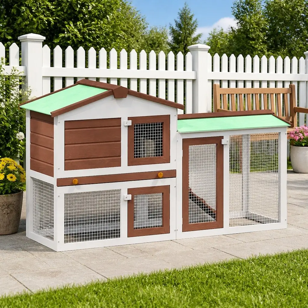 Outdoor Rabbit Hutch Large Two Layer Wooden Cage Run Brown and White