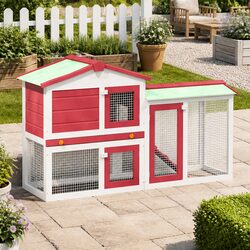 Outdoor Rabbit Hutch Large Wooden 2 Layer Red White 145x45x84cm Cage Run