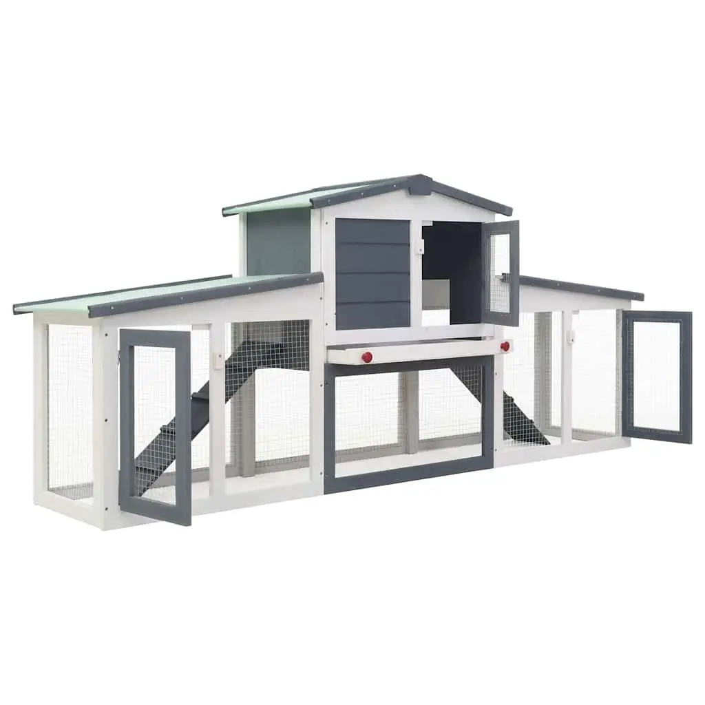 Large Rabbit Hutch Two Layer Wooden Outdoor Cage 201x45x85cm Grey