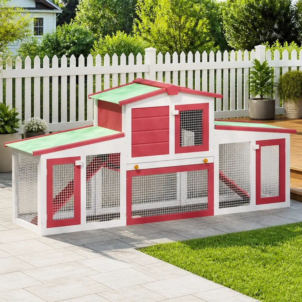 Large Outdoor Rabbit Hutch 2 Tier Wooden Cage with Run Red