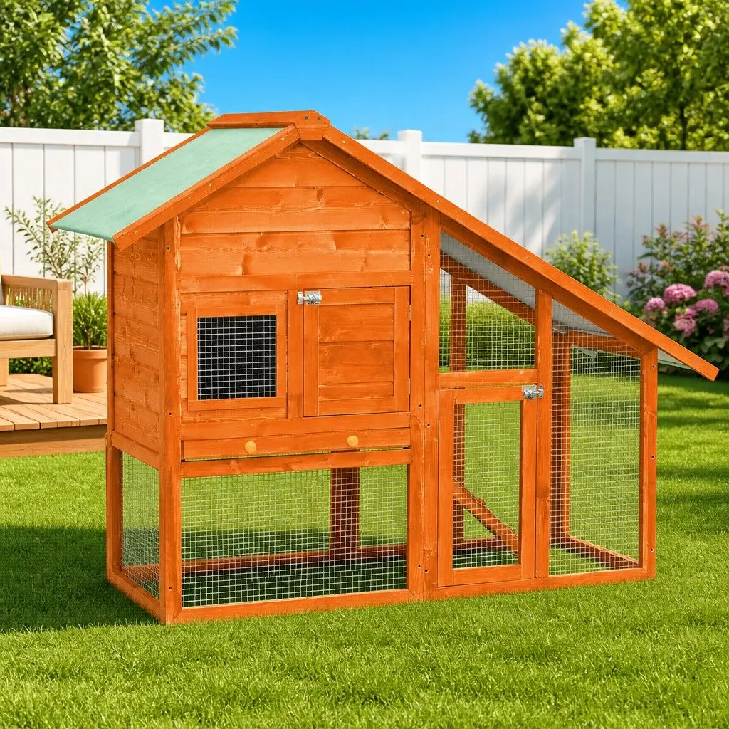 Rabbit Hutch 2-Tier Wooden Small Animal Cage with Ramp 140 x 63 x 120 cm Brown