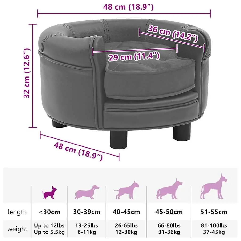 Dog Sofa Pet Bed Grey Plush Faux Leather 48 x 48 x 32 cm Wooden Frame