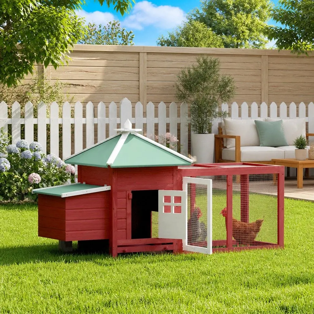 Wooden Chicken Coop Nesting Box Red 190x72x102cm Poultry Run Enclosure