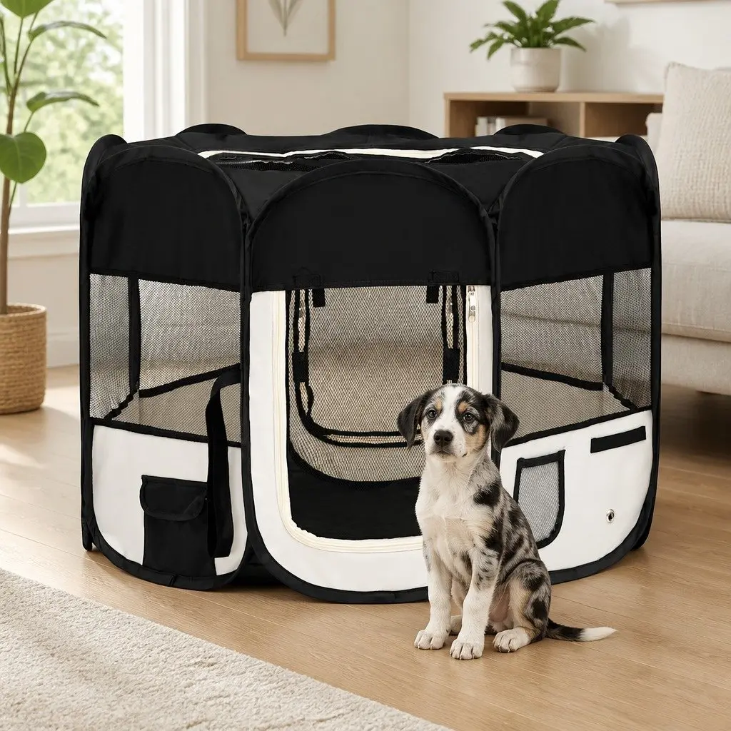 Foldable Dog Playpen Portable Pet Enclosure with Carrying Bag Black 90x90x58cm