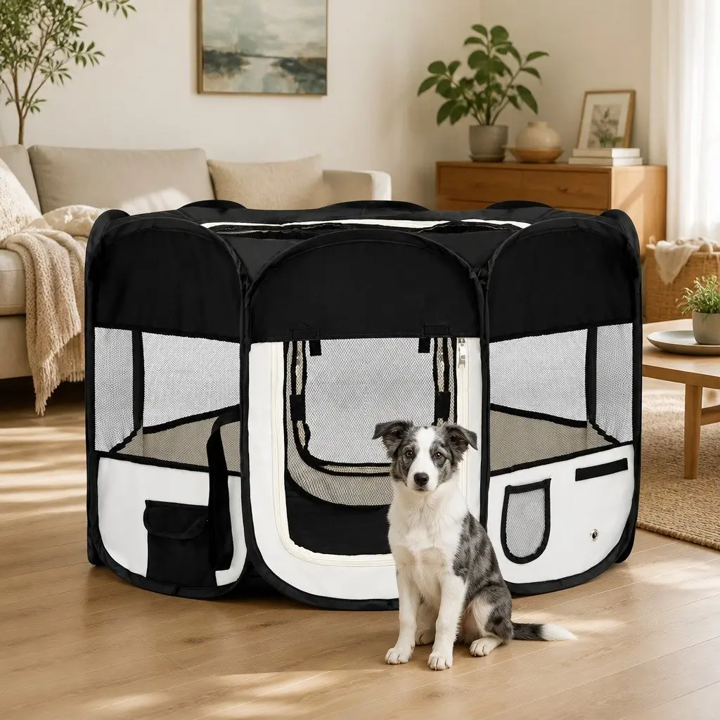Foldable Dog Playpen Portable Puppy Training Enclosure 110 x 110 x 58 cm Black